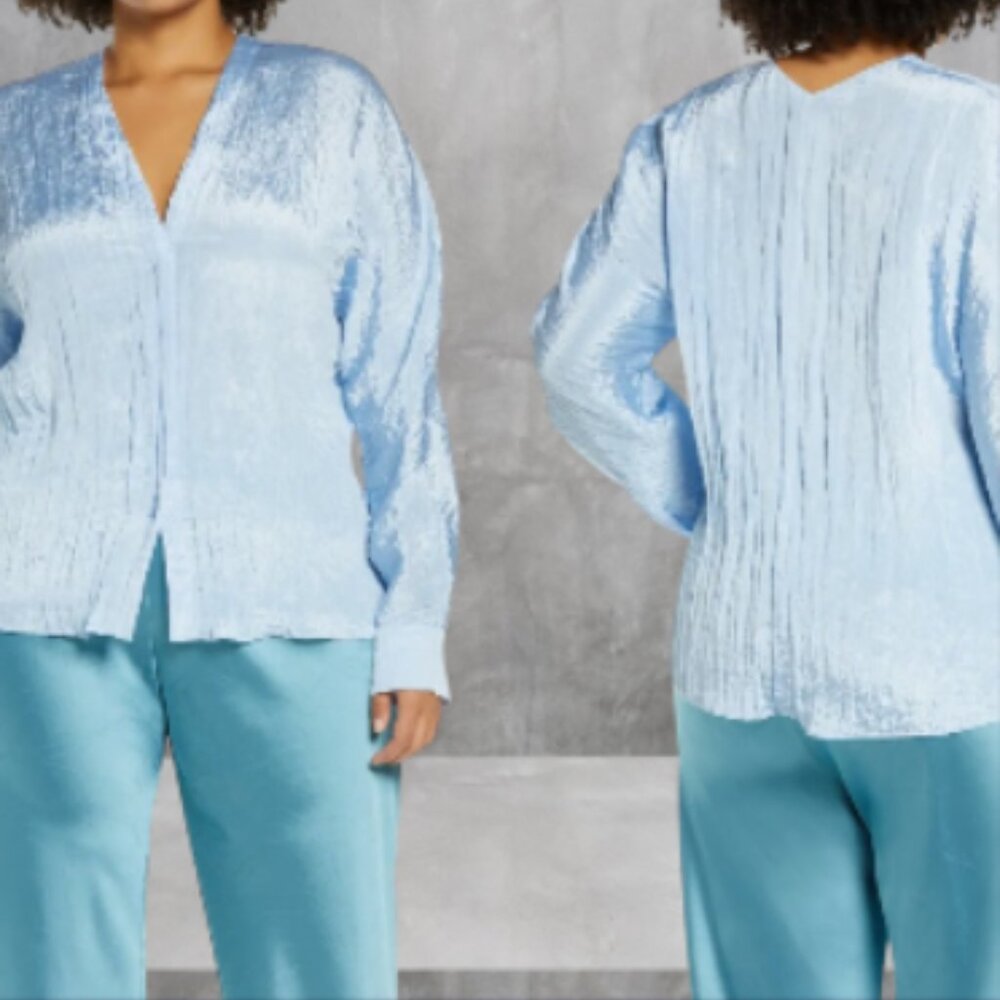 Vince Double V-Neck Blouse   CERULEAN, Size 1X
